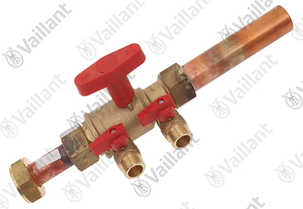 Vaillant Ventil mit roten Betätigungshebeln und Kupferrohr, zur Verwendung in Fülleinrichtungen, mit zwei Anschlussmöglichkeiten für Rohre.